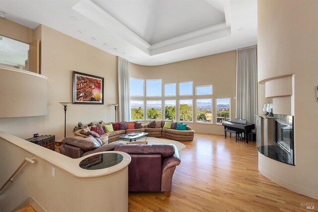 living room with light wood-style flooring, a fireplace, a high ceiling, and a tray ceiling