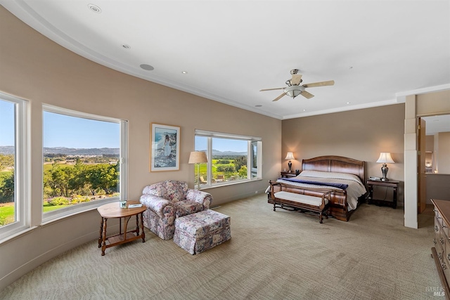 bedroom with light carpet, ornamental molding, a ceiling fan, recessed lighting, and baseboards