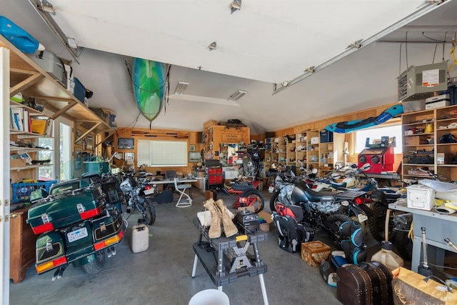 garage with a workshop area