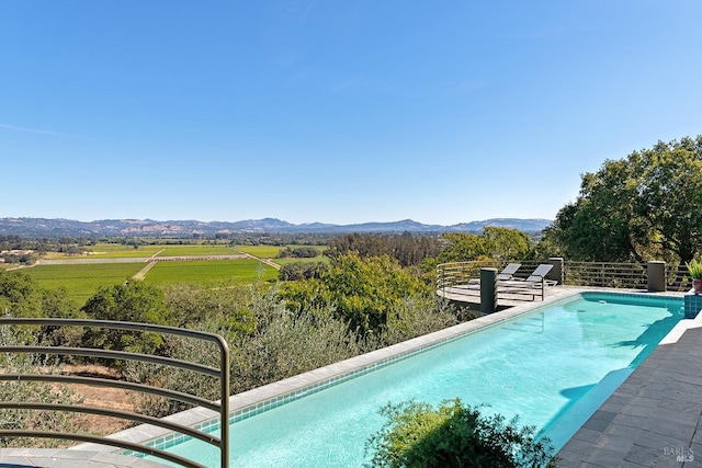 view of swimming pool with a mountain view