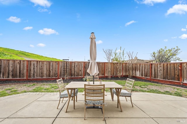 view of patio / terrace with a fenced backyard and outdoor dining space