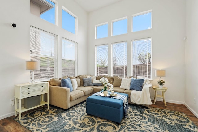 living room featuring baseboards, a high ceiling, and wood finished floors