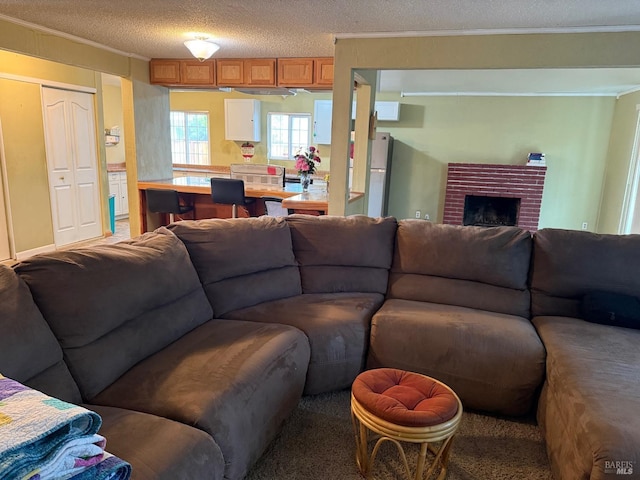 2024 San Luis St, Fairfield, CA 94533 - living room featuring ornamental molding, a textured ceiling, and a fireplace