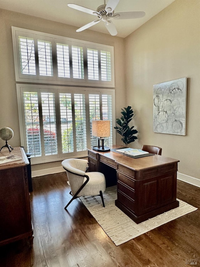 1706 Garnett Creek Ct, Calistoga, CA 94515 - office with ceiling fan, dark wood-type flooring, a high ceiling, and baseboards