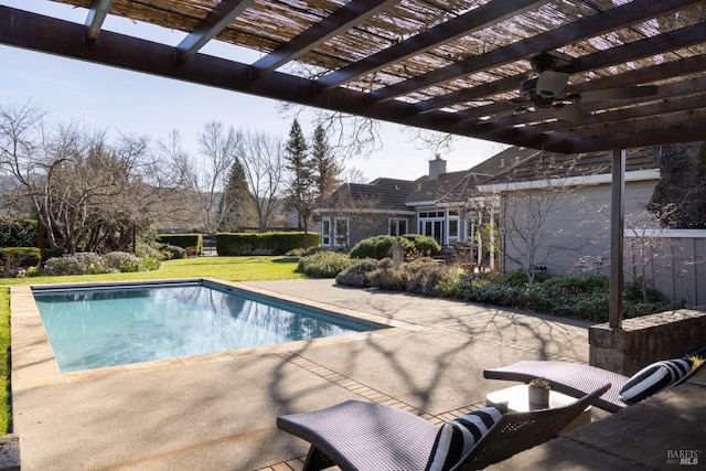 1706 Garnett Creek Ct, Calistoga, CA 94515 - swimming pool featuring a pergola, ceiling fan, a patio, and a lawn
