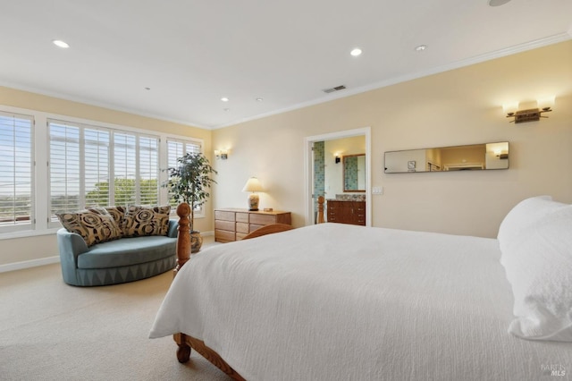 bedroom with crown molding, connected bathroom, visible vents, recessed lighting, and baseboards