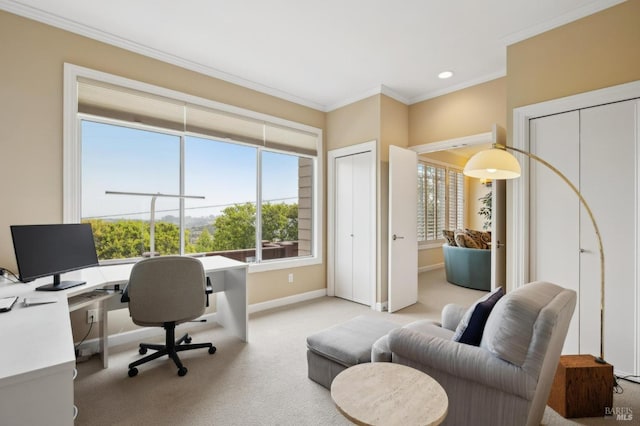 carpeted office space featuring ornamental molding, baseboards, and recessed lighting
