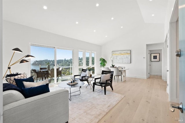 45 Harbor Oak Dr Unit 35, Tiburon, CA 94920 - living room with light wood-style flooring, recessed lighting, baseboards, and high vaulted ceiling