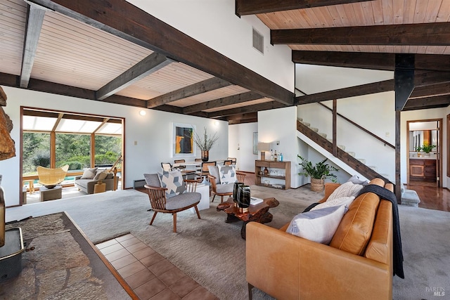 3651 Bones Rd, Sebastopol, CA 95472 - carpeted living area with beam ceiling, wooden ceiling, and stairway
