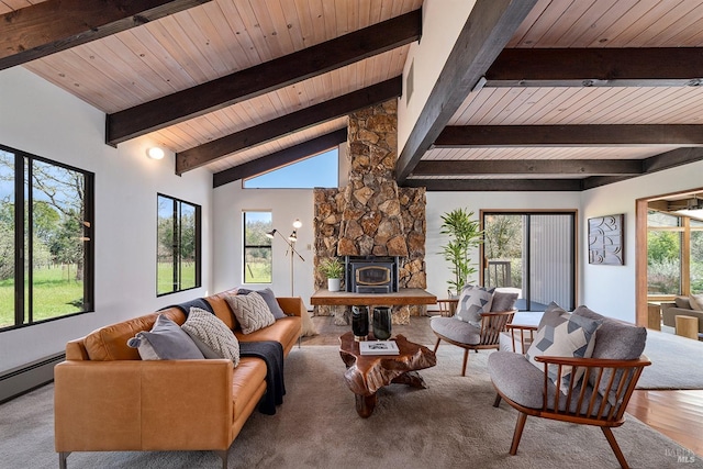 3651 Bones Rd, Sebastopol, CA 95472 - living area with wooden ceiling, wood finished floors, and a baseboard heating unit