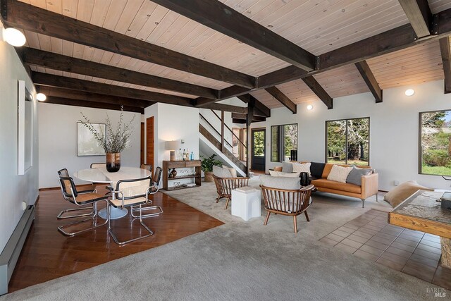 3651 Bones Rd, Sebastopol, CA 95472 - carpeted living room featuring wood ceiling and baseboard heating