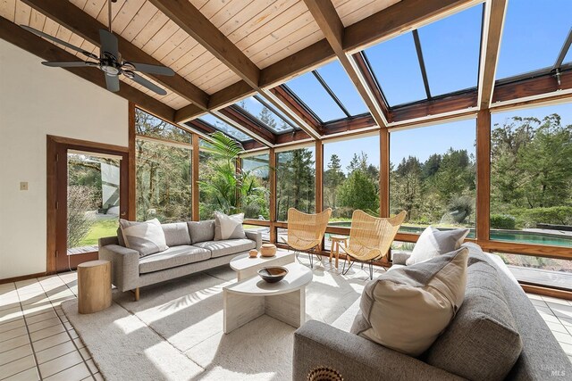3651 Bones Rd, Sebastopol, CA 95472 - sunroom featuring tile patterned floors, outdoor lounge area, a ceiling fan, and wooden ceiling