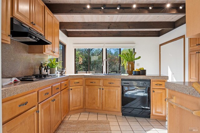 3651 Bones Rd, Sebastopol, CA 95472 - kitchen featuring black dishwasher, under cabinet range hood, a sink, wooden ceiling, and beam ceiling