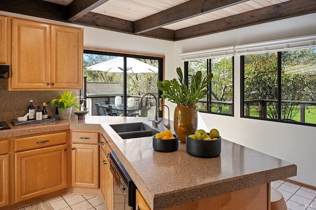 3651 Bones Rd, Sebastopol, CA 95472 - kitchen featuring a sink, light tile patterned floors, black dishwasher, beam ceiling, and wood ceiling
