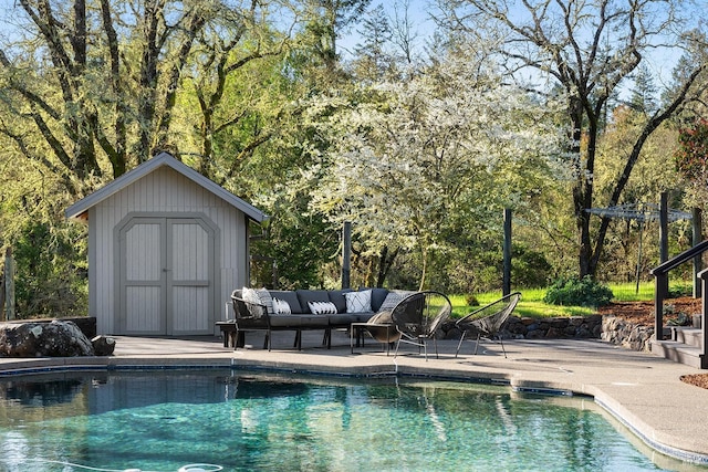 3651 Bones Rd, Sebastopol, CA 95472 - outdoor pool with a storage shed, a patio area, an outdoor structure, and outdoor lounge area