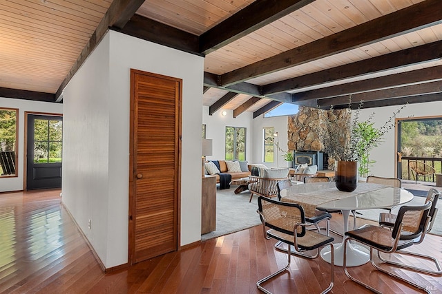 3651 Bones Rd, Sebastopol, CA 95472 - dining room with wood ceiling, healthy amount of natural light, wood-type flooring, and baseboards