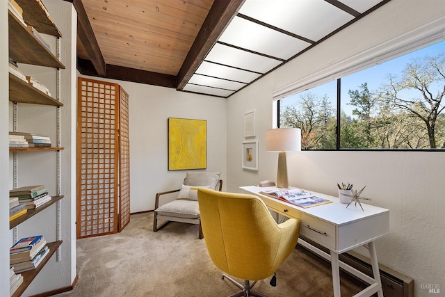 3651 Bones Rd, Sebastopol, CA 95472 - carpeted office space featuring wood ceiling and beamed ceiling