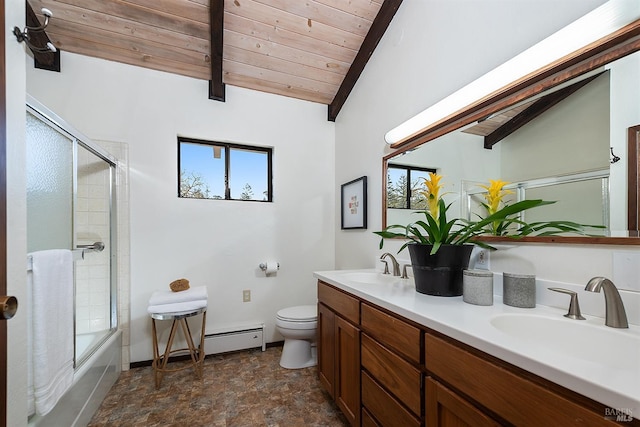 3651 Bones Rd, Sebastopol, CA 95472 - full bathroom with wooden ceiling, toilet, double vanity, stone finish floors, and enclosed tub / shower combo