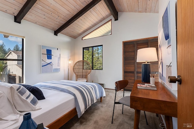 3651 Bones Rd, Sebastopol, CA 95472 - carpeted bedroom with a closet, beam ceiling, wood ceiling, and high vaulted ceiling