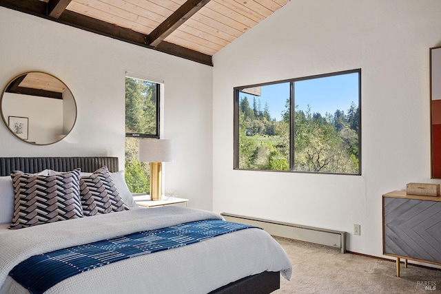 3651 Bones Rd, Sebastopol, CA 95472 - bedroom with baseboard heating, carpet flooring, and wooden ceiling