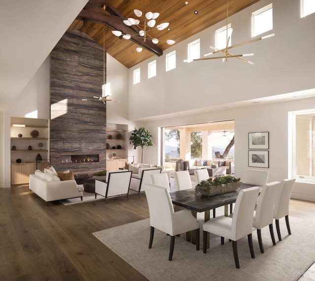 dining space with wood ceiling, plenty of natural light, an inviting chandelier, and wood finished floors