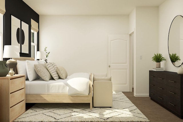 bedroom with baseboards and dark colored carpet