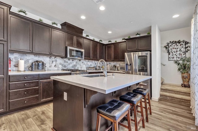 kitchen featuring light wood-style flooring, a sink, backsplash, and appliances with stainless steel finishes