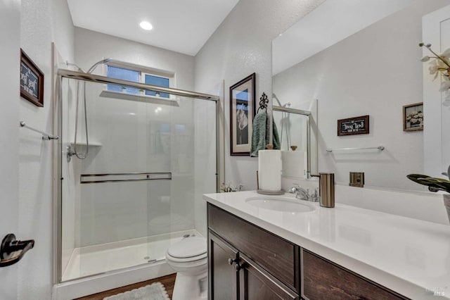 full bathroom with toilet, vanity, and a stall shower