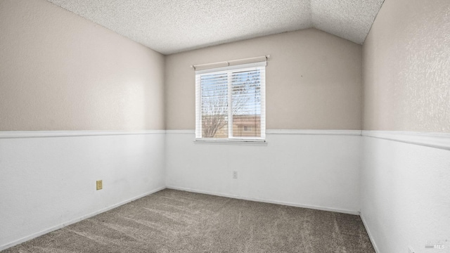 empty room featuring a textured wall, carpet, vaulted ceiling, and a textured ceiling