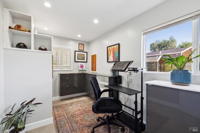 office area featuring recessed lighting and baseboards