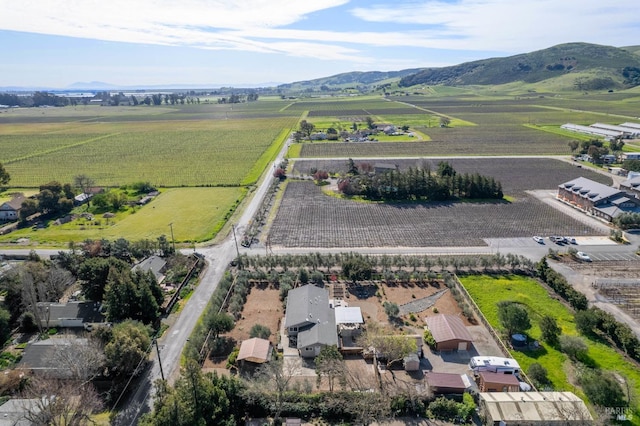 drone / aerial view with a mountain view and a rural view