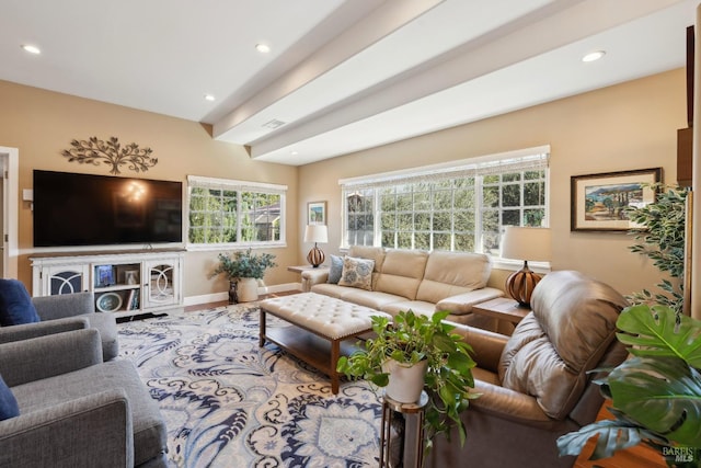 living room featuring beam ceiling, recessed lighting, and baseboards
