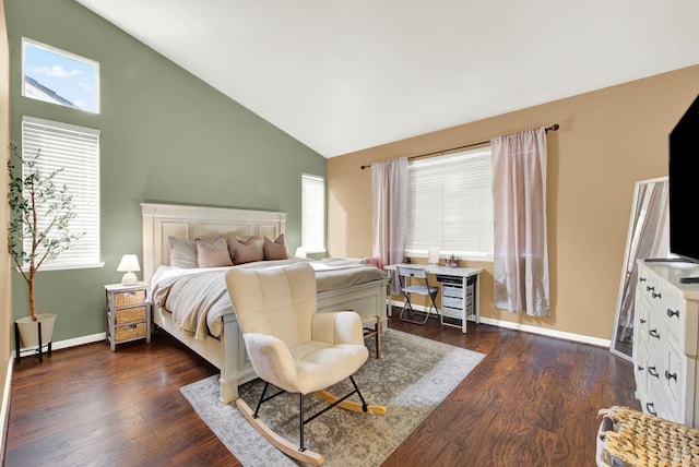 bedroom featuring baseboards, high vaulted ceiling, and dark wood finished floors