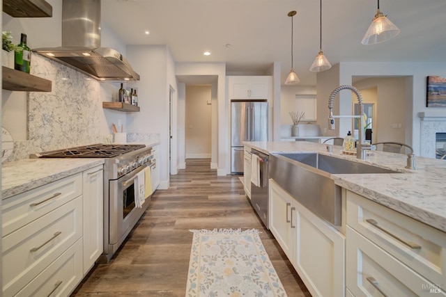 3982 Lucero St, Napa, CA 94558 - kitchen with island exhaust hood, open shelves, appliances with stainless steel finishes, a sink, and backsplash