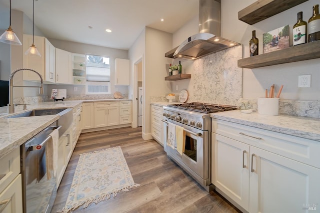 3982 Lucero St, Napa, CA 94558 - kitchen featuring open shelves, ventilation hood, stainless steel appliances, a sink, and wood finished floors