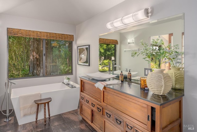 bathroom with a freestanding tub and vanity