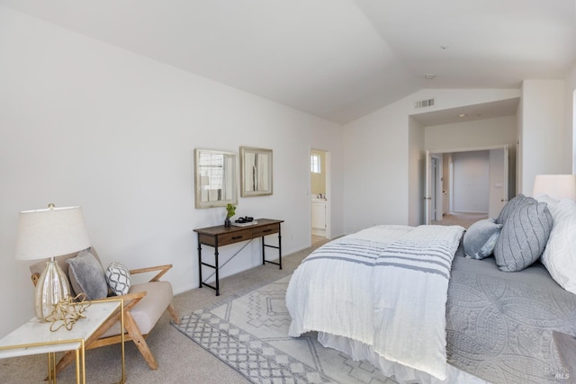 bedroom with baseboards, lofted ceiling, visible vents, and light carpet