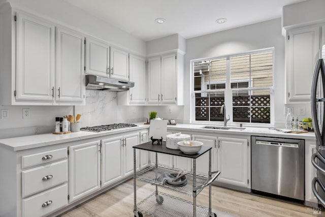 kitchen with white cabinetry, appliances with stainless steel finishes, under cabinet range hood, and a sink