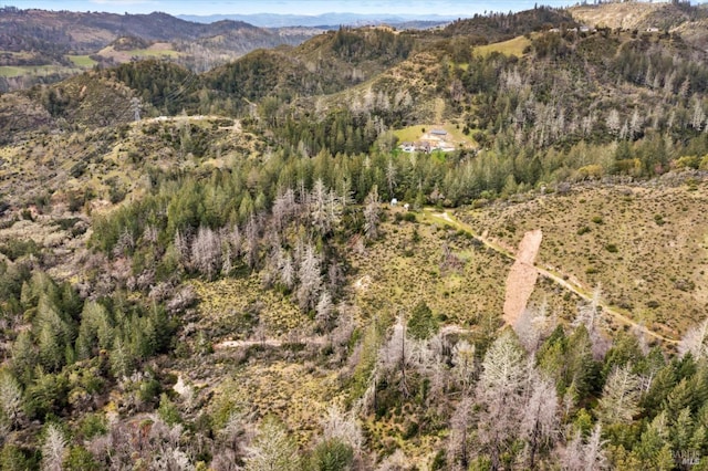 aerial view featuring a mountain view and a wooded view