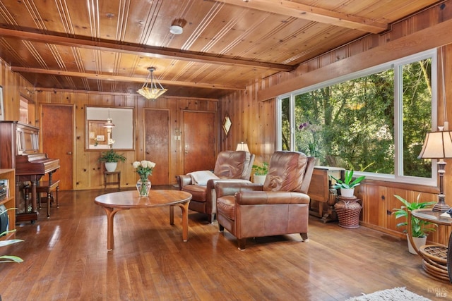 living area with beamed ceiling, wood-type flooring, wood ceiling, and wood walls