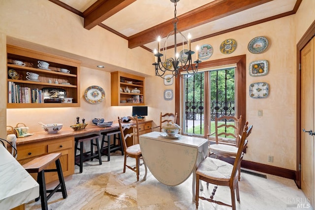 dining area featuring beam ceiling, visible vents, a notable chandelier, and baseboards