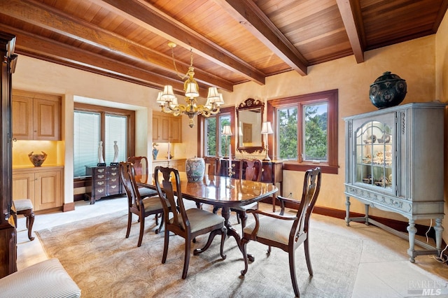 dining area featuring beam ceiling, a notable chandelier, and wooden ceiling