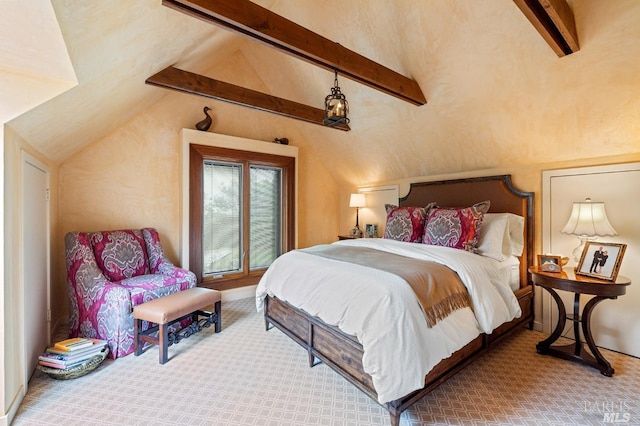 carpeted bedroom featuring vaulted ceiling with beams