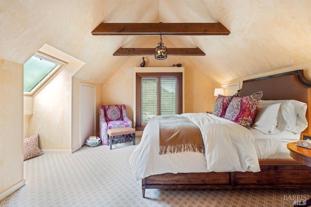 bedroom featuring baseboards, vaulted ceiling with beams, and carpet