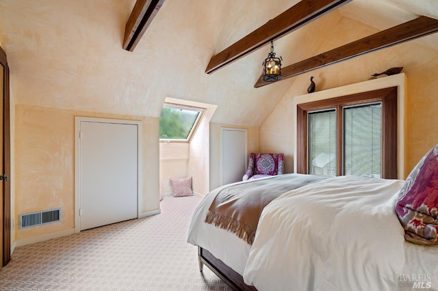 bedroom with carpet, visible vents, and vaulted ceiling with beams