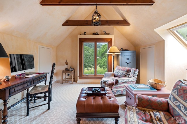 carpeted living room with lofted ceiling with beams