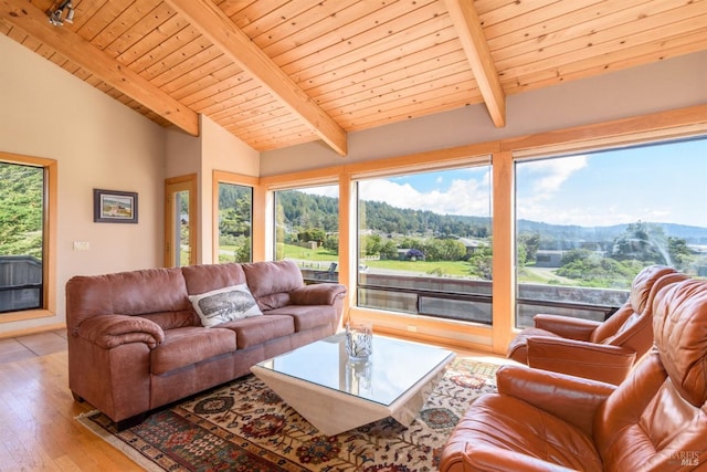 living area with wood-type flooring, wood ceiling, and lofted ceiling with beams