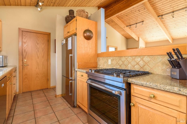 kitchen with high end appliances, light tile patterned flooring, wood ceiling, backsplash, and vaulted ceiling with beams