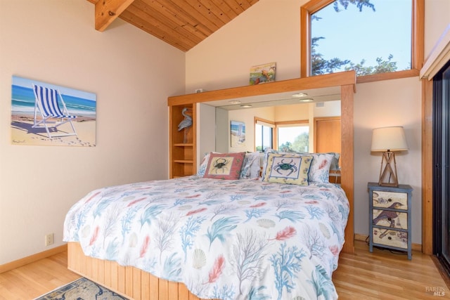 bedroom featuring high vaulted ceiling, baseboards, wood ceiling, beamed ceiling, and wood finished floors