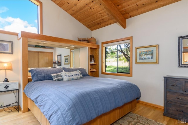 bedroom featuring vaulted ceiling with beams, wood finished floors, wood ceiling, and baseboards
